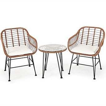 Costway 3 pc Patio Rattan Bistro Set Coffee Table Armchair Garden