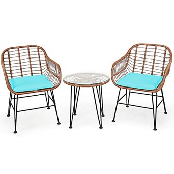 Costway 3 pc Patio Rattan Bistro Set Coffee Table Armchair Garden