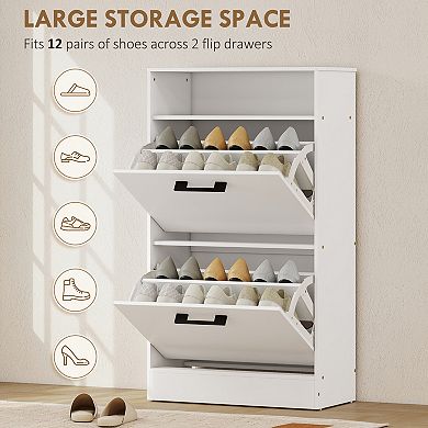 HOMCOM Shoe Cabinet with 2 Flip Drawers and Open Shelf