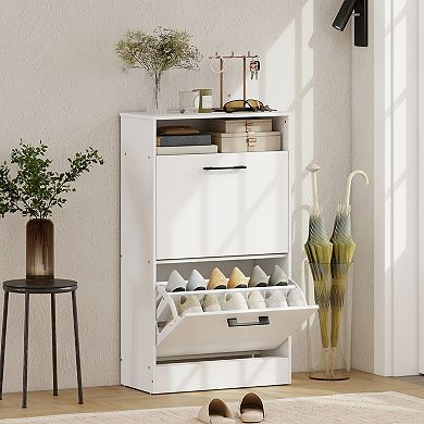 HOMCOM Shoe Cabinet with 2 Flip Drawers and Open Shelf