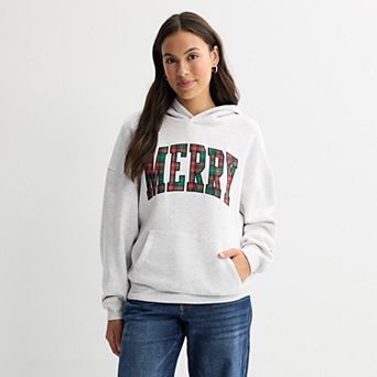 Juniors' Christmas Plaid Merry & Holly Accent Graphic Hoodie