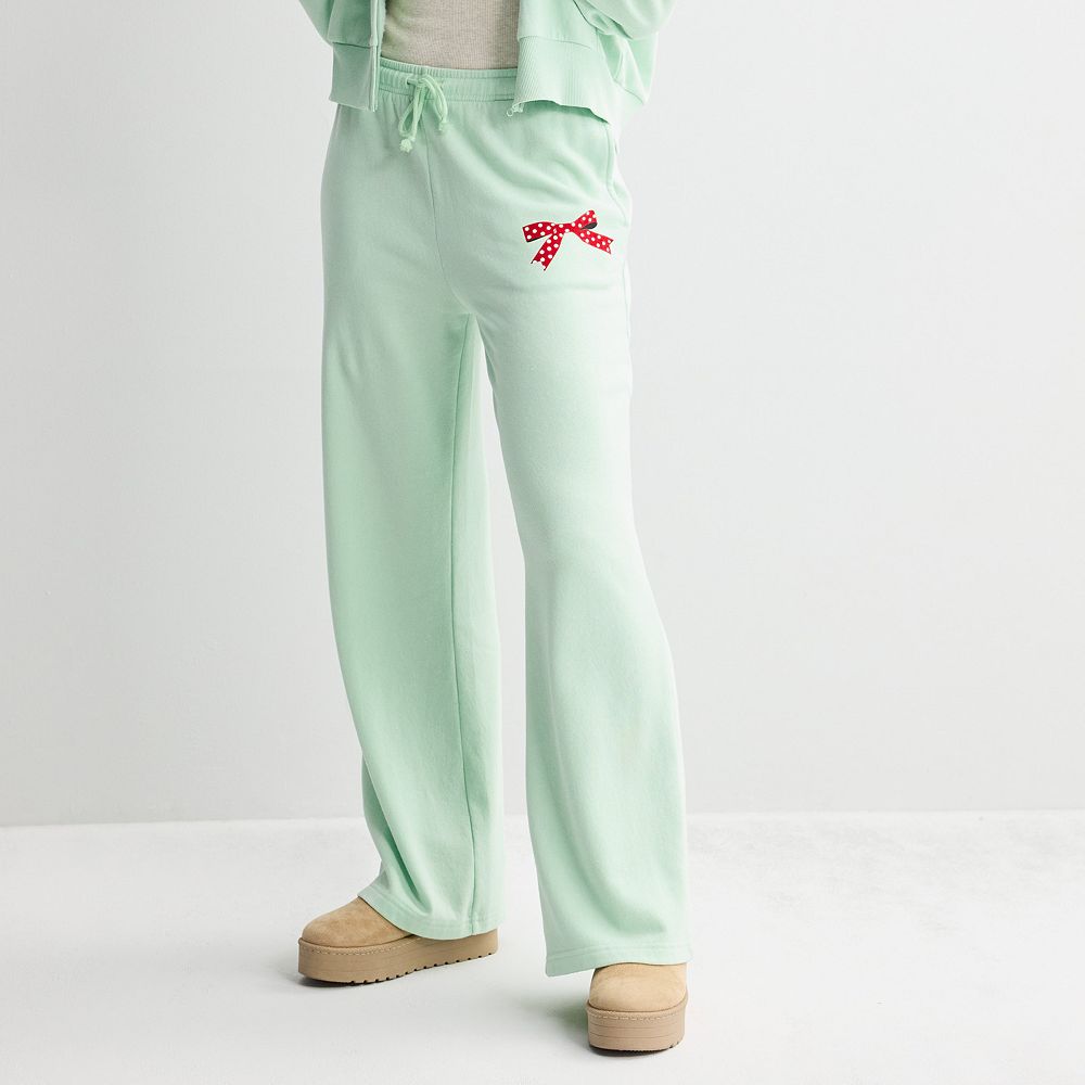 Juniors' Holiday Bow Detail Straight Leg Fleece Pants
