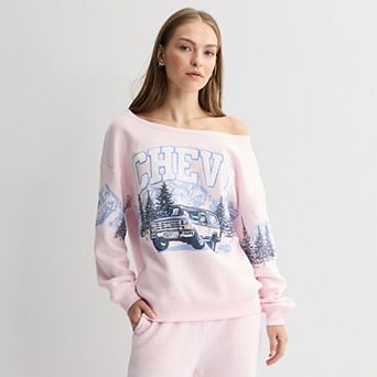 Juniors' Chevrolet Truck Winter Mountain Scene Off-The-Shoulder Graphic Pullover