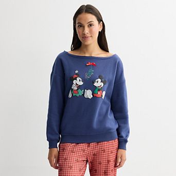 Juniors' Disney's Mickey & Minnie Mouse Mistletoe Off-The-Shoulder Graphic Pullover