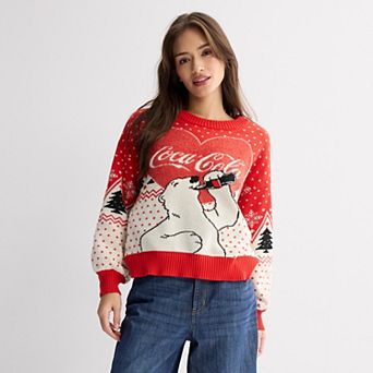Juniors' Coca-Cola Polar Bear Heart & Trees Christmas Boxy Graphic Sweater