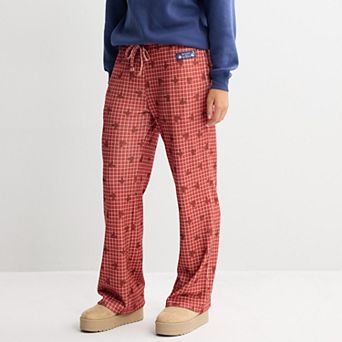 Juniors' Disney's Mickey & Minnie Mouse Plaid & Allover Silhouette Print Tunnel Waist Waffle Knit Pants
