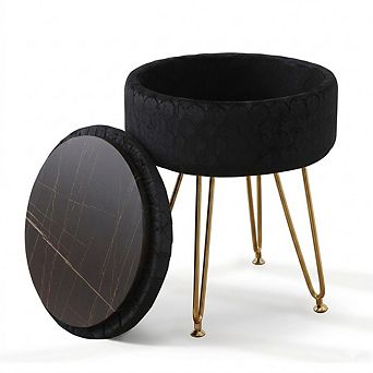 Modern Velvet Storage Ottoman, Round Padded Footstool, Metal Legs