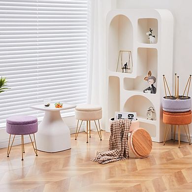 Modern Velvet Storage Ottoman, Round Padded Footstool, Metal Legs