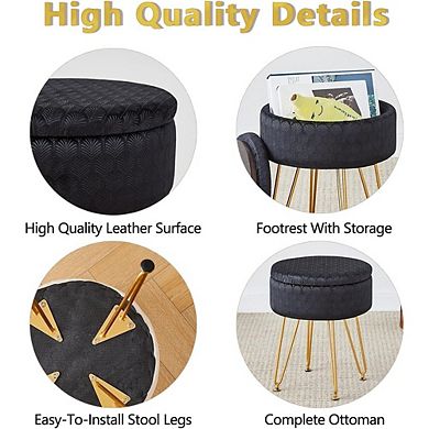 Modern Velvet Storage Ottoman, Round Padded Footstool, Metal Legs