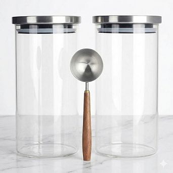 Glass Coffee Canister Set with Scoop and Shelf, Airtight Storage Jars