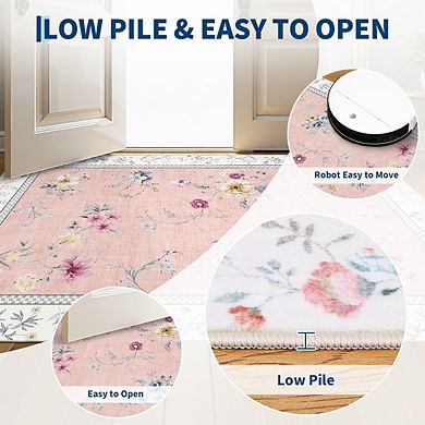 Low Pile Bordered Stain Resistant Modern Non Slip Home Decor Thin Area Rug for Laundry Living Room
