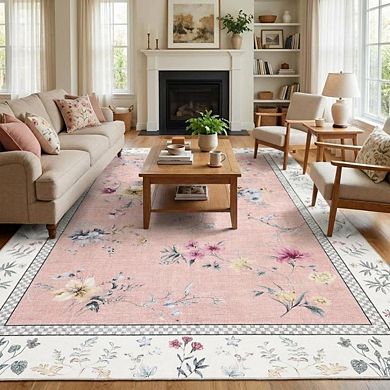 Low Pile Bordered Stain Resistant Modern Non Slip Home Decor Thin Area Rug for Laundry Living Room