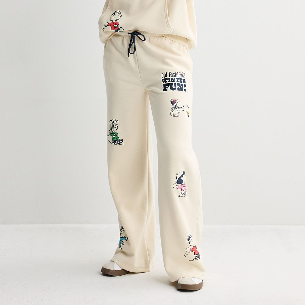 Juniors' Peanuts Old Fashioned Winter Fun Holiday Graphic Wide Leg ...