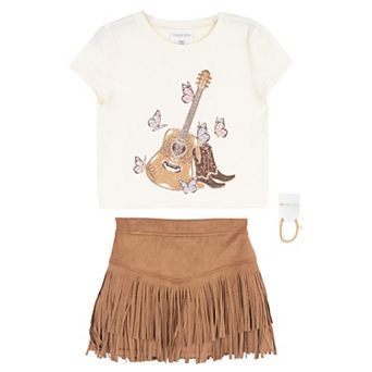 Girls 7-12 Tween Diva 2 pc Graphic Tee & Faux Suede Fringe Skort Set