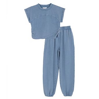 Girls 7-12 Tween Diva 2 pc Washed Jersey Knit Crossover Tee & Jogger Set