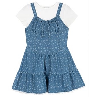 Girls 7-16 Rare Editions Printed Denim Mock Corset Dress & Rib Knit Tee