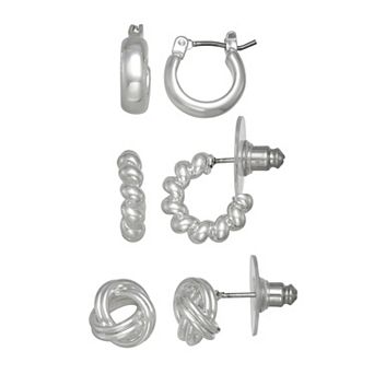 Napier Silver Tone 3 pc Silver-Tone Hoop & Stud Earrings Set