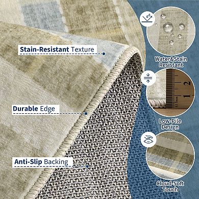 Fashionwu Grid Printed Washable Bordered Folded Line Non Shedding Non Slip Stain Resistant Area Rug