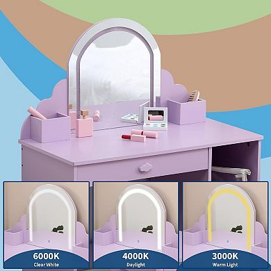 Kids Vanity with Lighted Mirror, 2 in 1 Little Girls Vanity Table & Stool, Kids Makeup