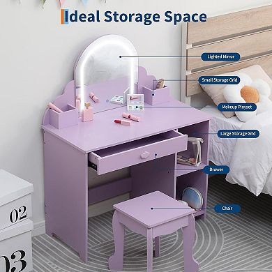Kids Vanity with Lighted Mirror, 2 in 1 Little Girls Vanity Table & Stool, Kids Makeup