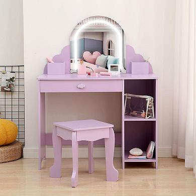 Kids Vanity with Lighted Mirror, 2 in 1 Little Girls Vanity Table & Stool, Kids Makeup