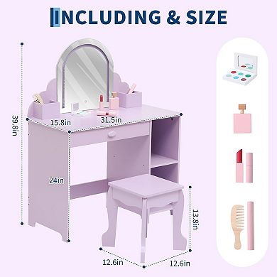 Kids Vanity with Lighted Mirror, 2 in 1 Little Girls Vanity Table & Stool, Kids Makeup