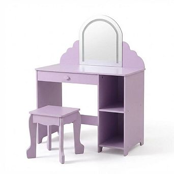 Kids Vanity with Lighted Mirror, 2 in 1 Little Girls Vanity Table & Stool, Kids Makeup