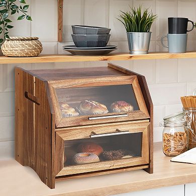 Bread Box,Double Layer Wooden Bread Bin with Clear Acrylic Door Panel,Countertop Bread Container