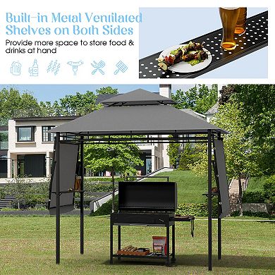 Patio BBQ Grill Gazebo Canopy With Dual Side Awnings Ventilated Roof