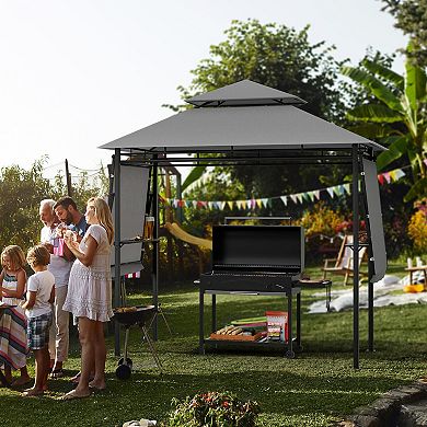 Patio BBQ Grill Gazebo Canopy With Dual Side Awnings Ventilated Roof