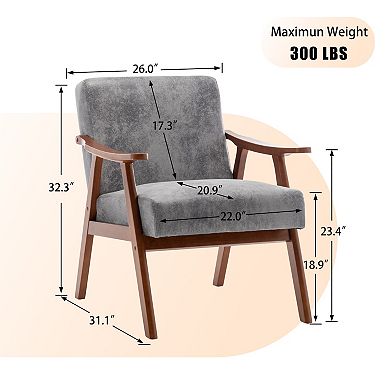 Mid-Century Accent Chair, Solid Wood Lounge Chair with Extra-Thick Backrest, Wingback Chairs