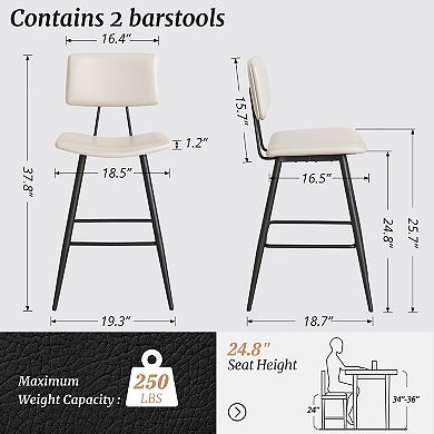 Hearthshire Counter Height Bar Stools Set of 2, Faux Leather Upholstered Barstools