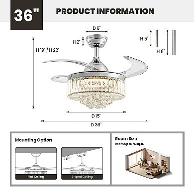 Moooni 36" Smart Crystal Ceiling Fan with Dimmable Led & Retractable Blades