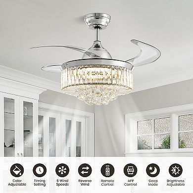 Moooni 36" Smart Crystal Ceiling Fan with Dimmable Led & Retractable Blades