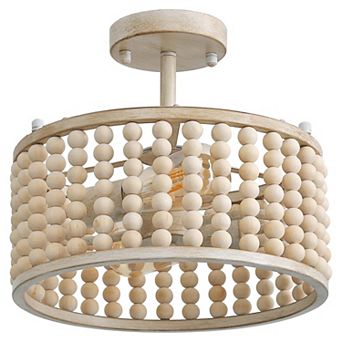 Moooni 13" Boho Oak White Wood Beaded Semi Flush Mount Ceiling Light
