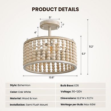Moooni 13" Boho Oak White Wood Beaded Semi Flush Mount Ceiling Light