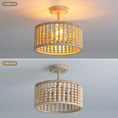 Moooni 13" Boho Oak White Wood Beaded Semi Flush Mount Ceiling Light
