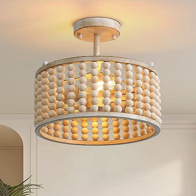 Moooni 13" Boho Oak White Wood Beaded Semi Flush Mount Ceiling Light