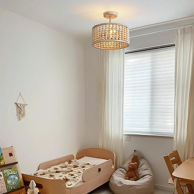 Moooni 13" Boho Oak White Wood Beaded Semi Flush Mount Ceiling Light