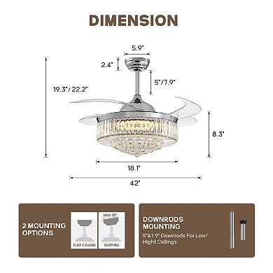 Moooni 42" Smart Crystal Ceiling Fan with Dimmable Led & Retractable Blades