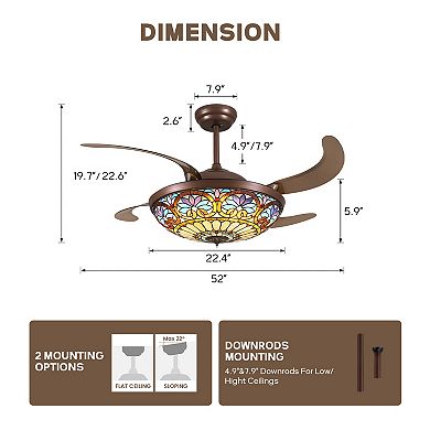 Moooni 52" Smart Tiffany Stained Glass Retractable Ceiling Fan with Dimmable LED