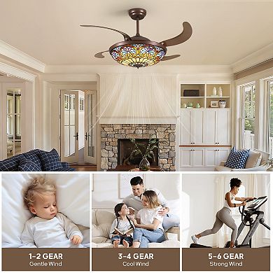 Moooni 52" Smart Tiffany Stained Glass Retractable Ceiling Fan with Dimmable LED