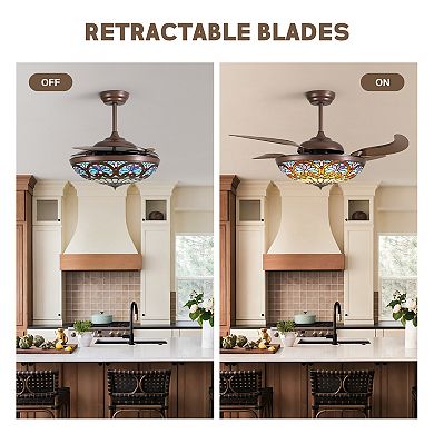 Moooni 52" Smart Tiffany Stained Glass Retractable Ceiling Fan with Dimmable LED
