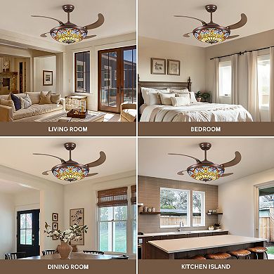 Moooni 52" Smart Tiffany Stained Glass Retractable Ceiling Fan with Dimmable LED