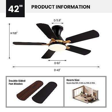 Moooni 42" Flush Mount Ceiling Fan with Light - APP & Remote Control, Dimmable LED, Reversible