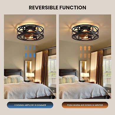 Moooni 20" Smart Industrial Black Caged Flush Mount Ceiling Fan Lights