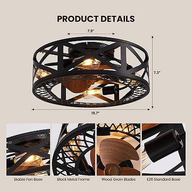 Moooni 20" Smart Industrial Black Caged Flush Mount Ceiling Fan Lights