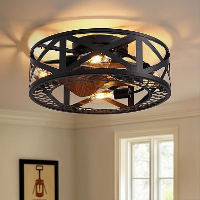 Moooni 20" Smart Industrial Black Caged Flush Mount Ceiling Fan Lights