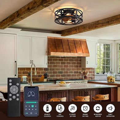 Moooni 20" Smart Industrial Black Caged Flush Mount Ceiling Fan Lights
