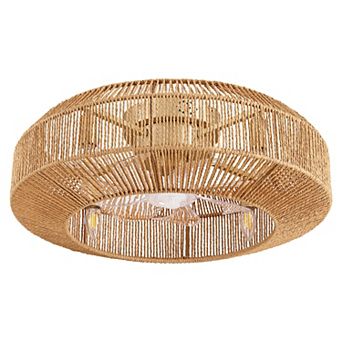 Moooni 24" Smart Boho Gold Rattan Caged Drum Flush Mount Ceiling Fan Lights